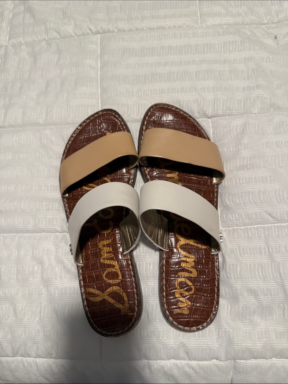 Sam Edelman Two-Band Slide Sandals in Tan, White and Brown Footbed